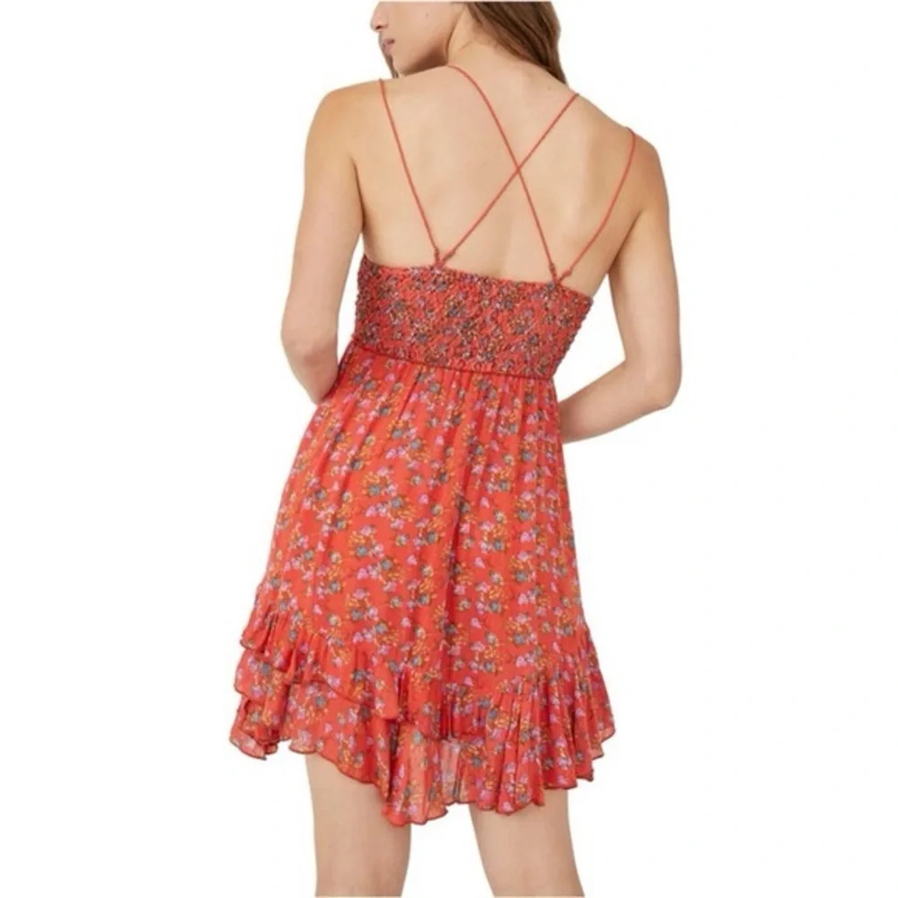 Free People Adella floral printed slip mini dress, featuring a lace bodice Small